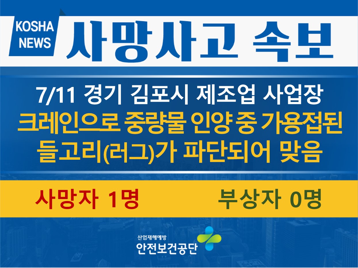 [7/11, 경기 김포시] 크레인으로 중량물 인양 중 가용접된 들고리(러그)가 파단되어 맞음