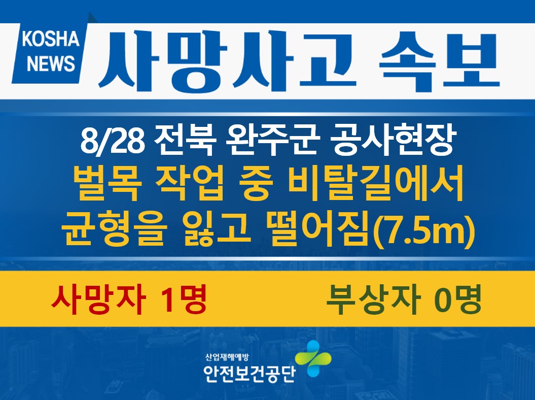 [8/28, 전북 완주군] 벌목 작업 중 떨어짐
