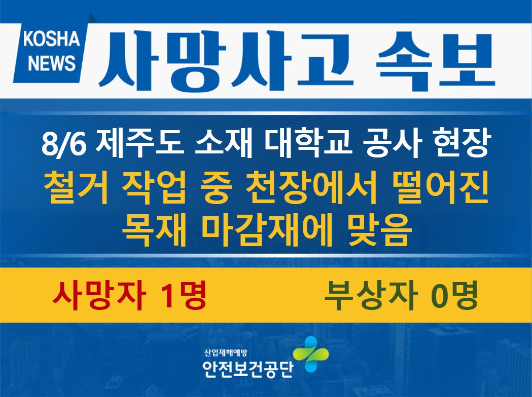 [8/6, 제주도] 리모델링 철거 작업 중 천장에서 떨어진 마감재에 맞음