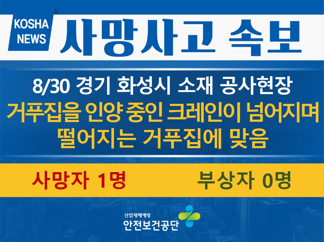 [8/30, 경기 화성시] 거푸집을 인양 중인 크레인이 넘어지며 떨어지는 거푸집에 맞음