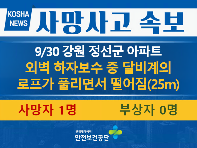 [9/30, 강원 정선군]  달비계의 로프가 풀리면서 떨어짐