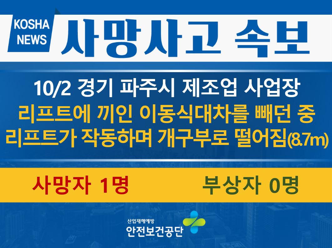 [10/2, 경기 파주시] 리프트에 끼인 이동식 대차를 빼던 중 리프트가 작동하며 개구부로 떨어짐