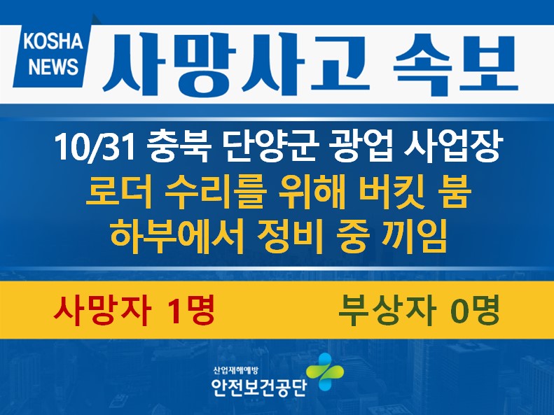 [10/31, 충북 단양군] 로더 버킷 붐이 하강하며 끼임