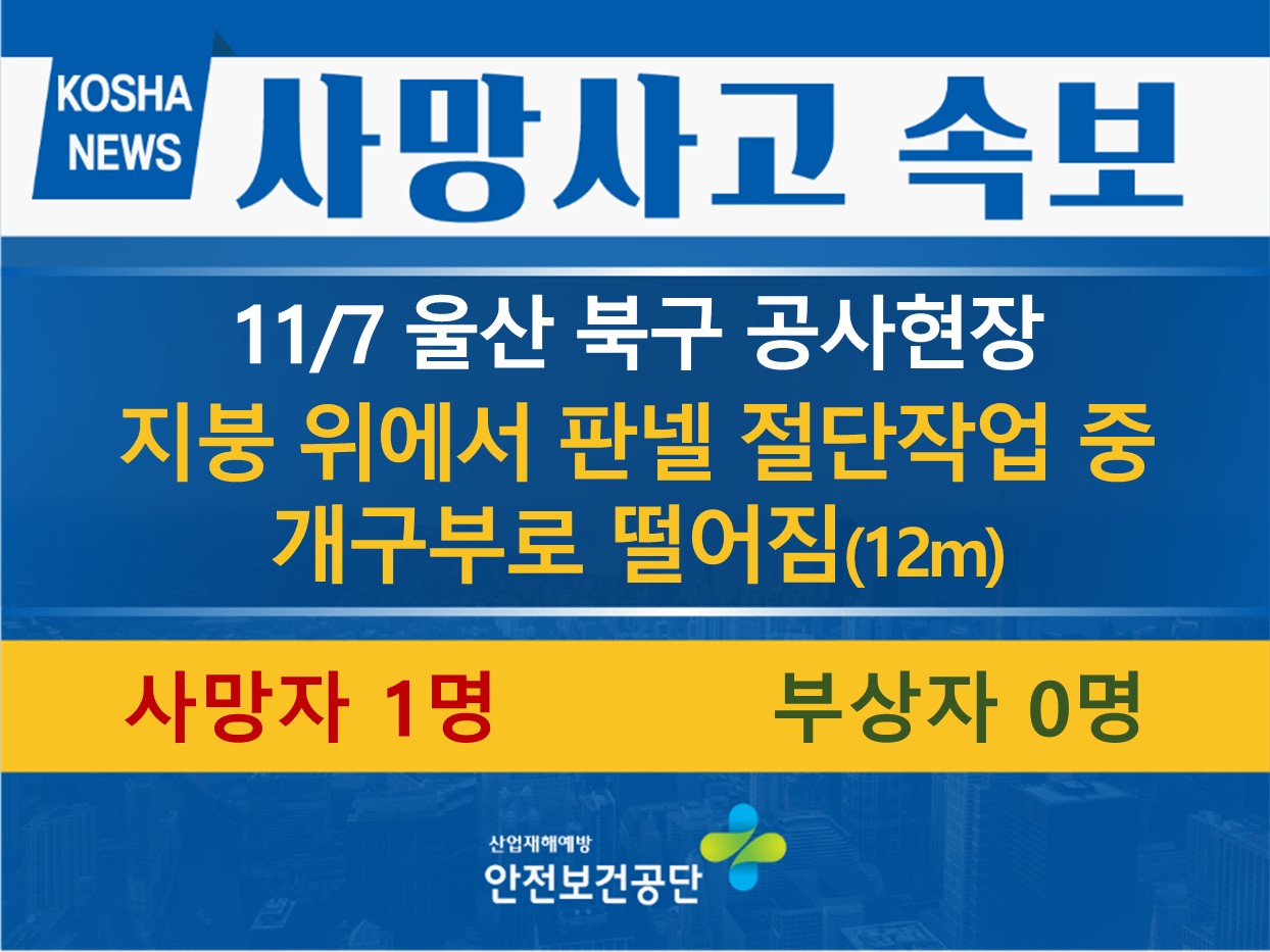 [11/7, 울산 북구] 지붕 위에서 판넬 절단작업 중 개구부로 떨어짐