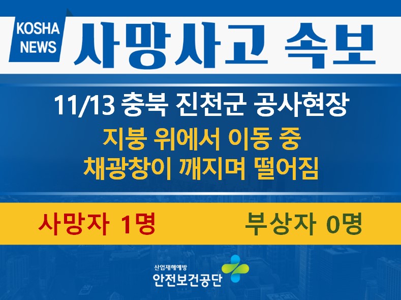 [11/13, 충북 진천군] 채광창이 깨지며 떨어짐