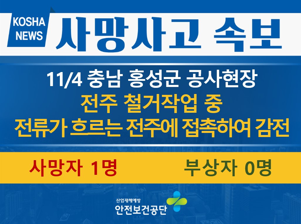 [11/4, 충남 홍성군] 전주 철거작업 중 전류가 흐르는 전주에 접촉하여 감전