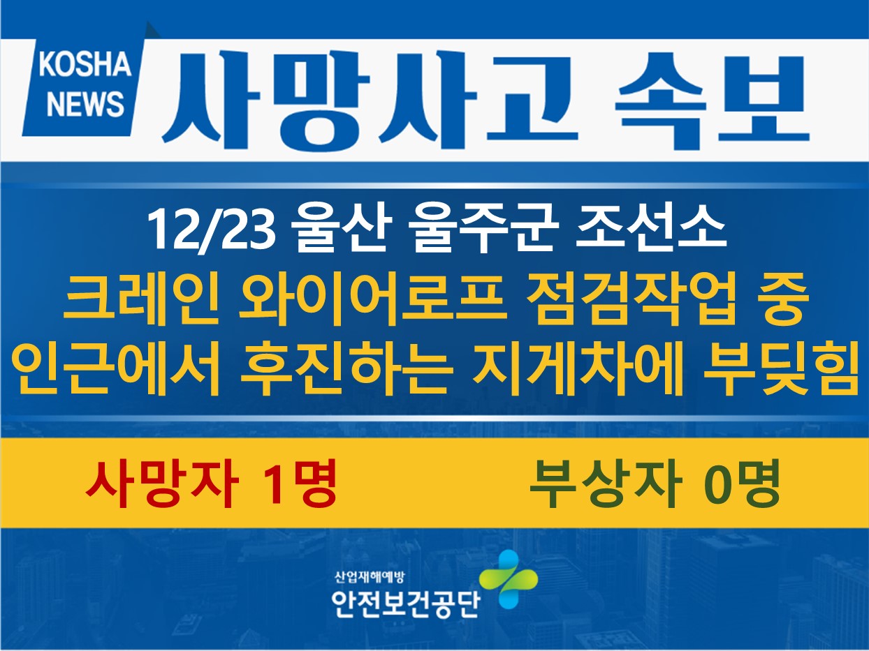 [12/23, 울산 울주군] 크레인 와이어로프 점검 중 인근에서 후진하는 지게차에 부딪힘