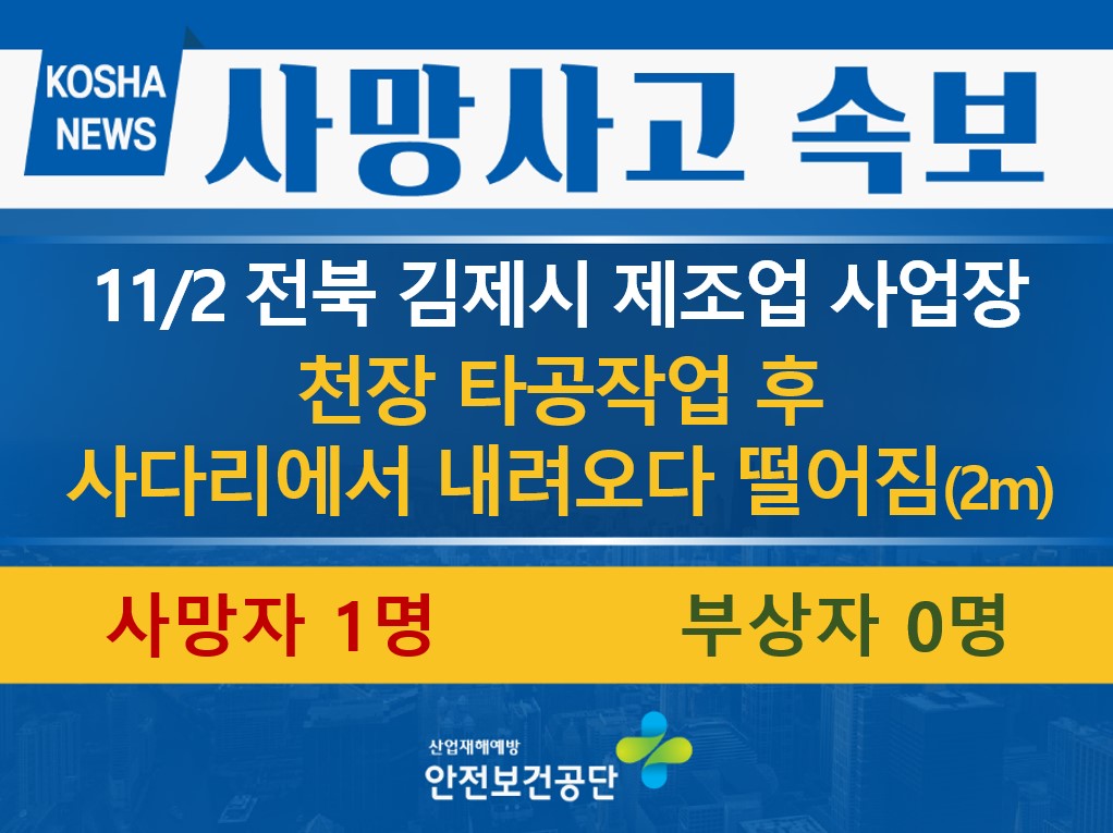 [11/2, 전북 김제시] 천장 타공작업 후 사다리에서 내려오다 떨어짐