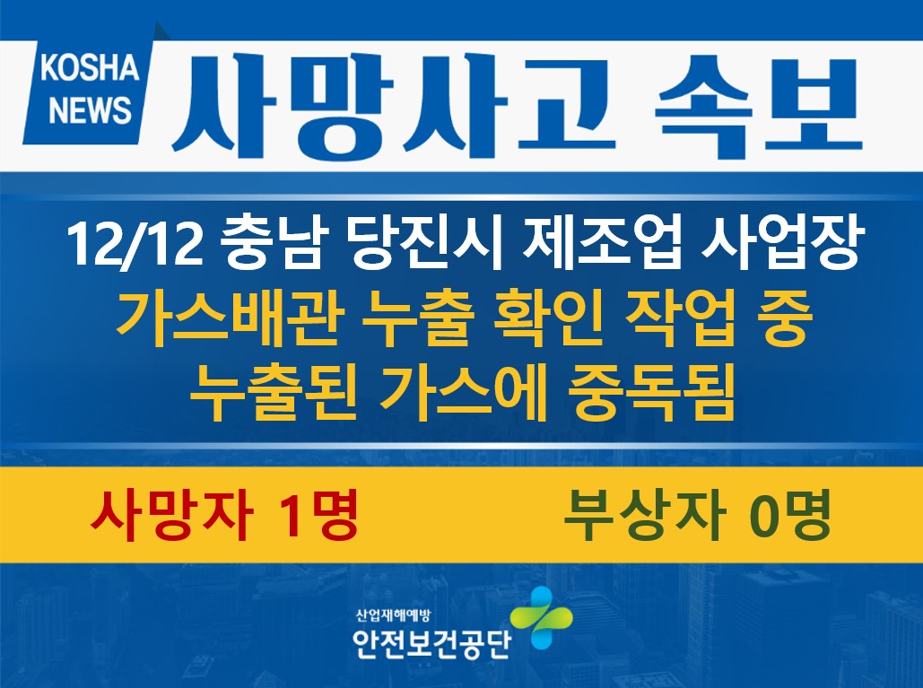 [12/12, 충남 당진시] 가스배관에서 누출된 가스에 중독됨