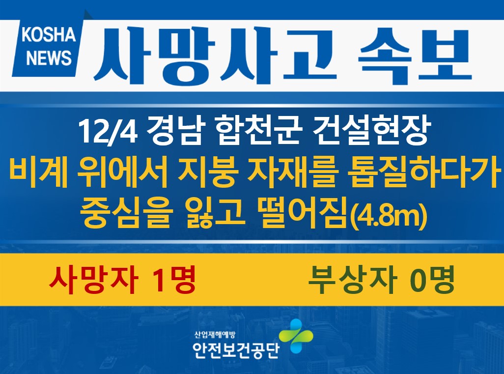 [12/4, 경남 합천군] 비계 위에서 지붕 자재를 톱질하던 중 떨어짐 