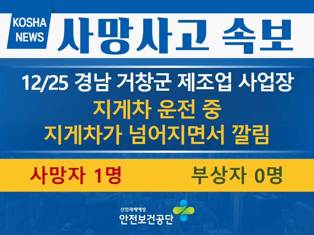 [12/25, 경남 거창군] 지게차 운전 중 넘어지는 지게차에 깔림