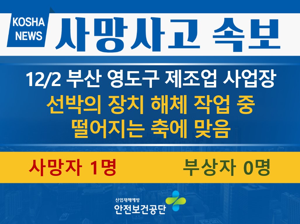 [12/2, 부산 영도구] 선박의 장치 해체 작업 중 떨어지는 축에 맞음