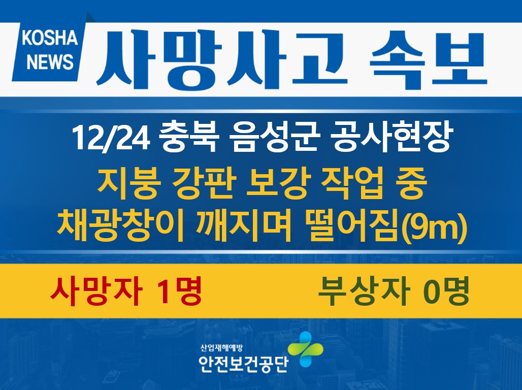 [12/24, 충북 음성군] 지붕 강판 보강 작업 중 떨어짐