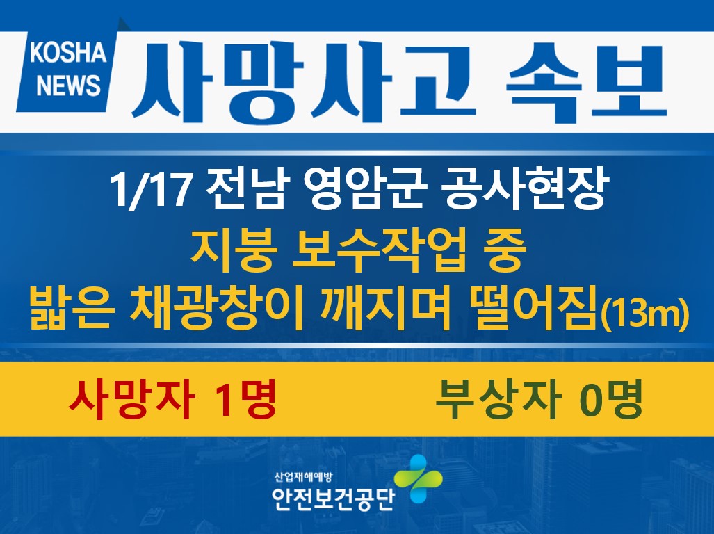 [1/17, 전남 영암군] 채광창이 깨지며 떨어짐