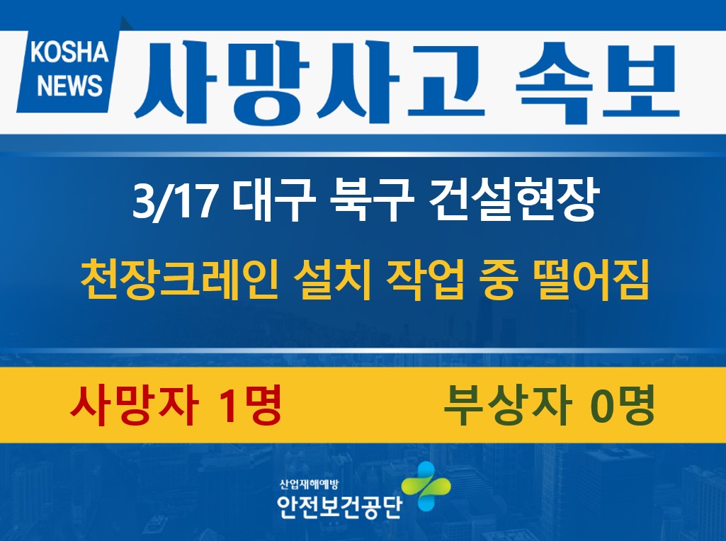 [3/17, 대구 북구] 천장크레인 설치 작업 중 떨어짐