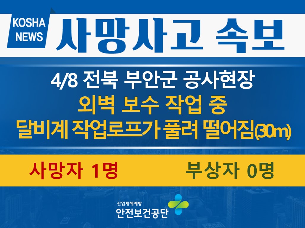 [4/8, 전북 부안군] 외벽 보수작업 중 달비계에서 떨어짐