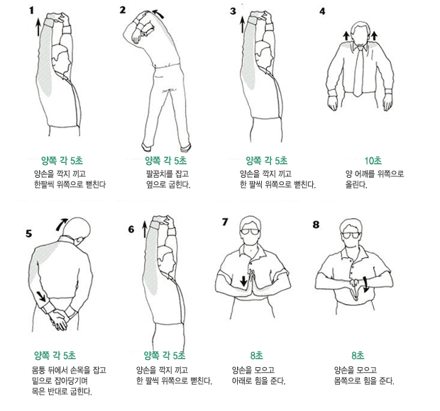 1.양쪽 각 5초-양손을 까지 끼고 한팔식 위쪽으로 뻗친다.
																														 2.양쪽 각 5초-팔꿈치를 잡고 옆으로 굽힌다.
																														 3.양쪽 각 5초-양손을 깍지 끼고 한 팔씩 위쪽으로 뻗친다.
																														 4.10초-양 어깨를 위쪽으로 올린다.
																														 5.양쪽 각 5초-몸통 뒤에서 손목을 잡고 밑으로 잡아당기며 목은 반대로 굽힌다.
																														 6.양쪽 각 5초-양손을 깍지 끼고 한 팔씩 위쪽으로 뻗친다.
																														 7.8초-양손을 모으고 아래로 힘을 준다.
																														 8.8초-양손을 모으고 몸쪽으로 힘을 준다.