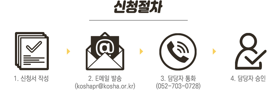 kosha 스튜디오 신청절차은 1.신청서 작성 2.E메일 발송(koshapr@kosha.or.kr) 3.담당자 통화(052-703-0728) 4.담당자 승인