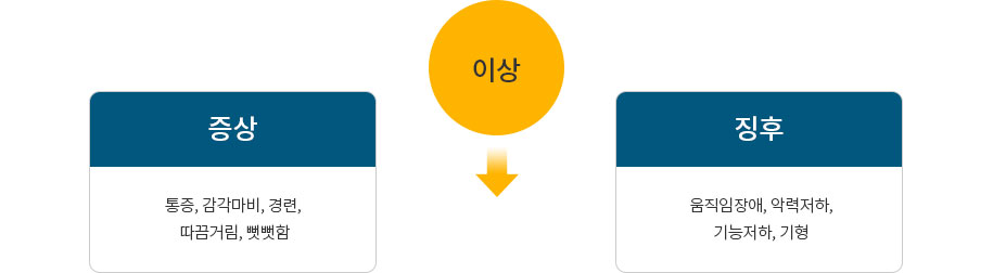 이상 - 증상:통증, 감각마비, 경련, 따끔거림, 뻣뻣함, 징후:움직임장애, 악력저하,기능저하, 기형