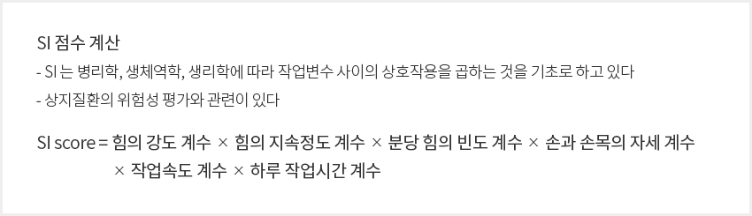 SI점수 계산

																														  -SI는 병리학,생체역학,생리학에 따라 작업변수 사이의 상호작용을 곱하는 것을 기초로 하고 있다.

																														  -상지질환의 위험성 평가와 관련이 있다.

																														  SI score=힘의 강도계수×힘의 지속정도 계수×분당 힘의 빈도계수×손과 손목의 자세계수×작업속도 계수×하루 작업시간 계수