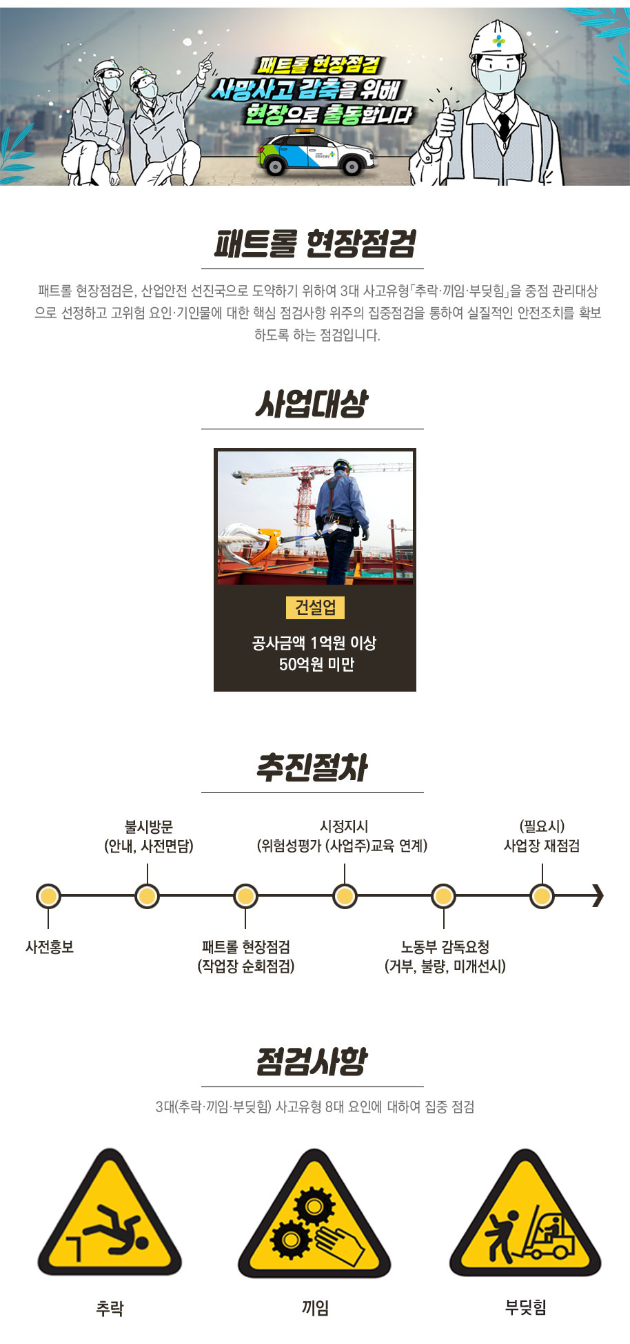패트롤 현장점검은 산업안전 선진국으로 도약하기 위하여 3대 사고유형 추락,끼임,부딪힘을 중점 관리대상으로 선정하고 고위험 요인기인물에 대한 핵심 점검사항 위주의 집중점검을 통하여 실질적인 안전조치를 확보하도록 하는 점검입니다.
			사업대상 건설업: 공사금액 1억원이상 50억원 미만 추진절차:사전홍보-불시방문-패트롤현장점검-시정지시-노동부감독요청-사업장재점검
			점검사항: 추락 끼임 부딪힘