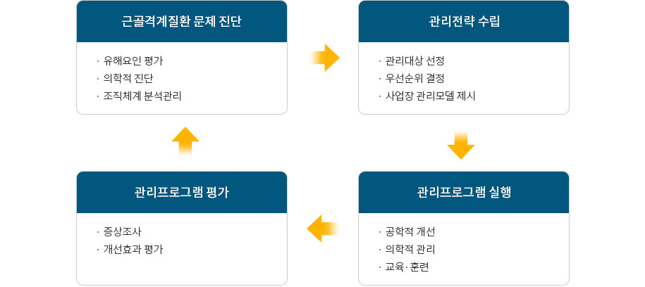 1.근골격계질환 문제 진단:유해요인 평가, 의학적 진단, 조직체계 분석관리 2.관리전략 수립:관리대상 선정, 우선순위 결정, 사업장 관리모델 제시 3.관리프로그램 실행:공학적 개선, 의학적 관리, 교육 훈련 4.관리프로그램 평가:증상조사, 개선효과 평가