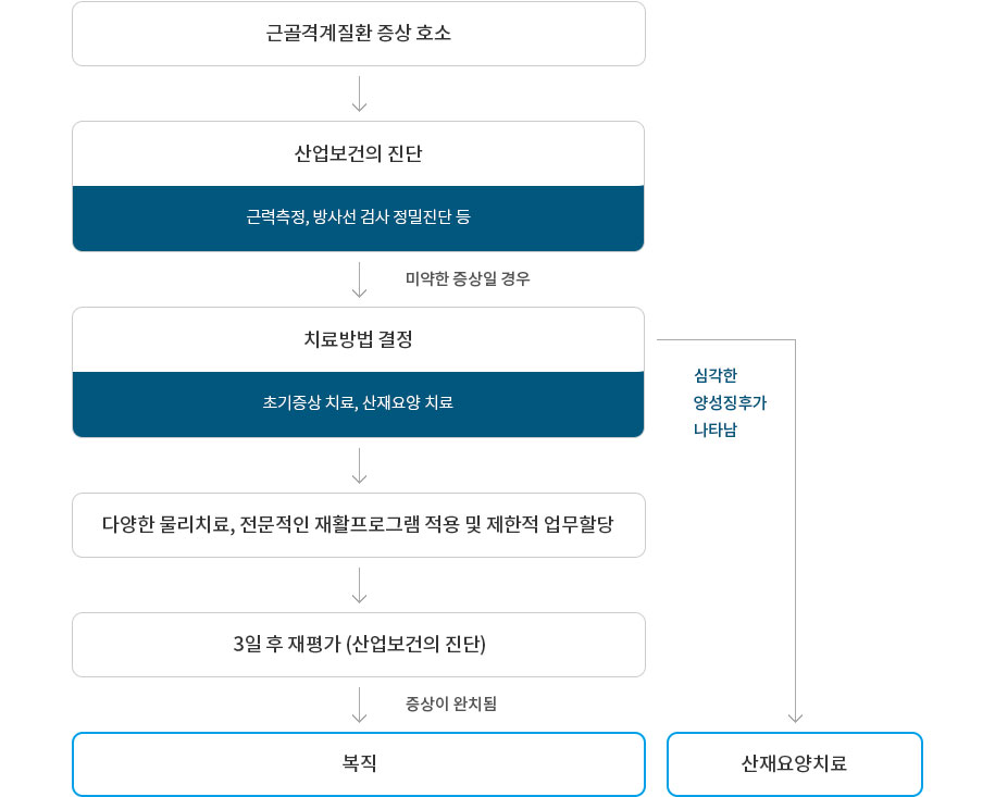 근골격계질환 증상 호소
						산업보건의 진단
						근력측정, 방사선 검사 정밀진단 등
						치료방법 결정 > 심각한 양성징후가 나타남 > 산재요양치료
						초기증상 치료, 산재요양 치료
						다양한 물리치료, 전문적인 재활프로그램 적용 및 제한적 업무할당
						3일 후 재평가(산업보건의 진단)
						복직
						산재요양치료