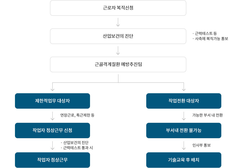 근로자 복직신청
						산업보건의 진단
						근력테스트 등
						사측에 복직가능 통보
						근골격계질환 예방추진팀
						제한적업무 대상자 > 연장근로, 특근제한 등 > 작업자 정상근무 신청 > 산업보건의 진단, 근력테스트 통과 시 > 작업자 정상근무작업전환 대상자 > 가능한 부서 내 전환 > 부서내 전환 불가능 > 인사부 통보 > 기술교육 후 배치
