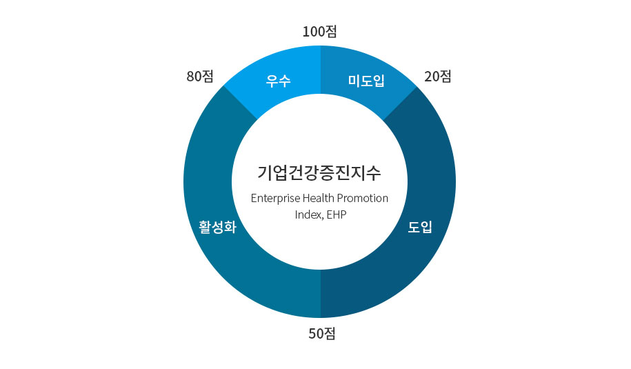 건강증진 실태(미도입:20점, 도입:50점, 활성화:80점, 우수:100점)